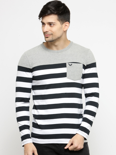 

Monteil & Munero Men Grey & White Striped Solid Henley Neck T-shirt