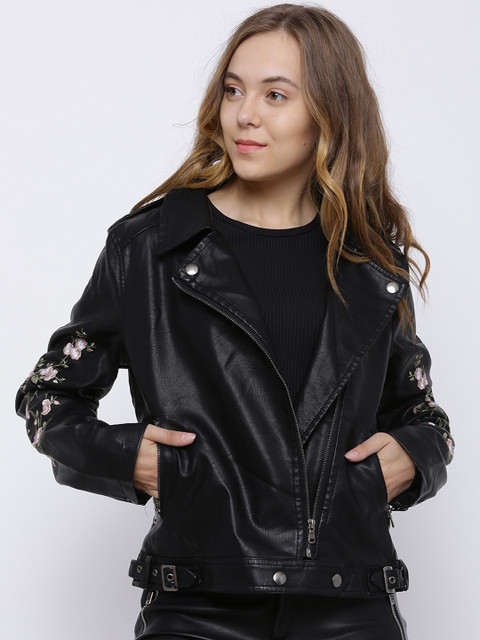 

The Indian Garage Co Women Black Solid Biker Jacket