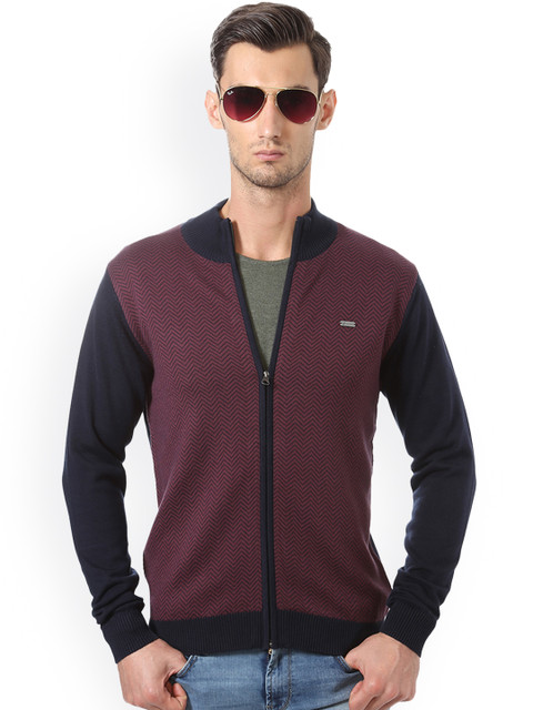 

Allen Solly Men Navy Blue & Maroon Self Design Front-Open Sweater