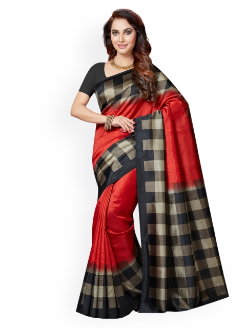 

Ishin Red & Black Art Silk Printed Checked Bhagalpuri Saree
