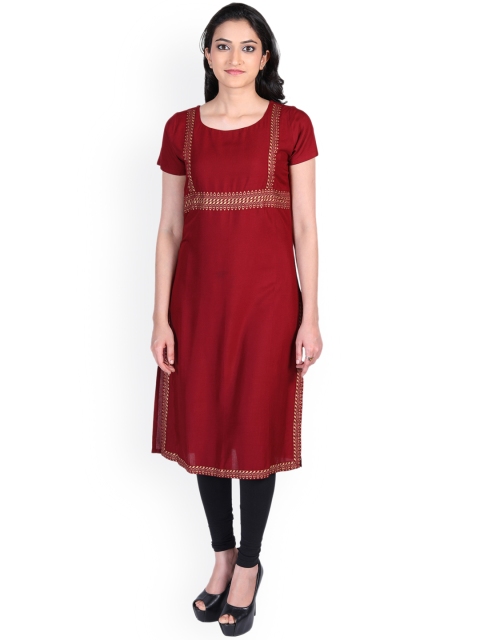 

Aaboli Women Maroon Woven Design Straight Kurta