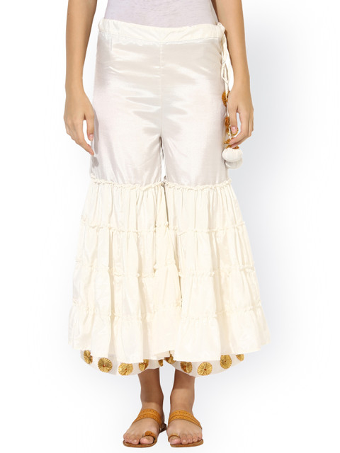 

Juniper Women White & Gold-Toned Embellished Flared Palazzos