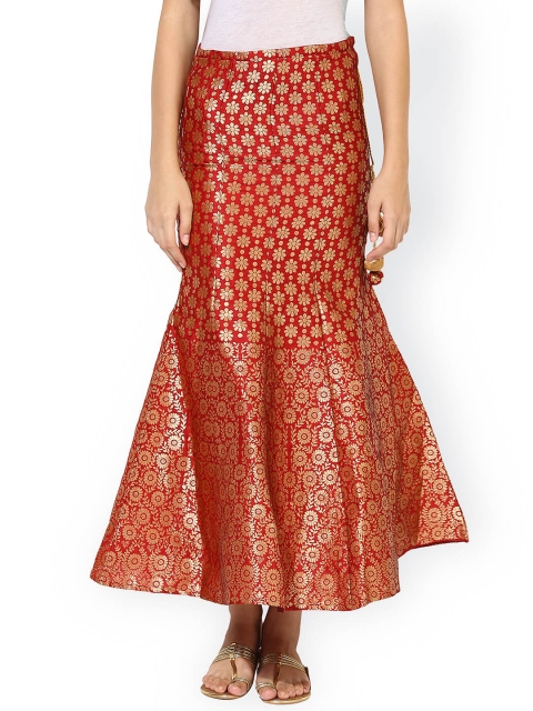 

Juniper Red & Gold-Toned Jacquard Flared Maxi Skirt