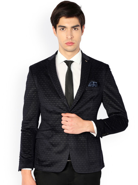 

V Dot Black Self-Design Super Slim Fit Single-Breasted Party Blazer