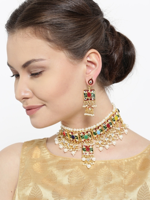 

Zobby Multicoloured Gold-Plated Handcrafted Kundan Stone-Studded Jewellery Set, Multi
