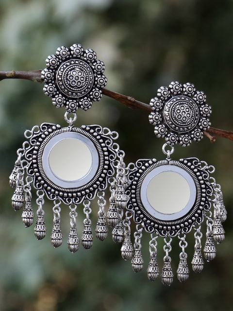 FIROZA Oxidised Silver-Toned Handcrafted Mirror-Work Drop Earrings