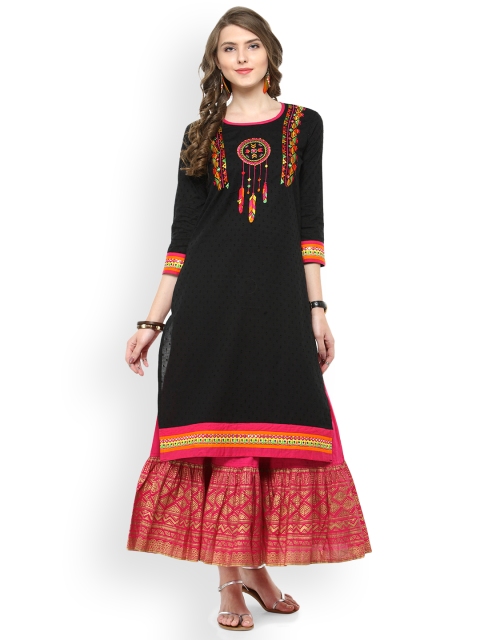 

Varanga Black Pure Cotton Embroidery Kurta With Skirt
