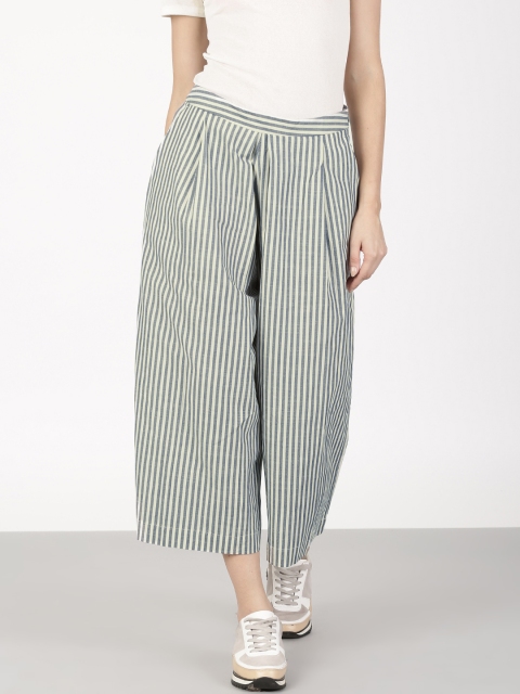 

ether Women Navy Blue & White Regular Fit Striped Regular Trousers