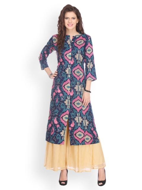 

Varanga Women Navy Blue & Pink Printed Straight Kurta