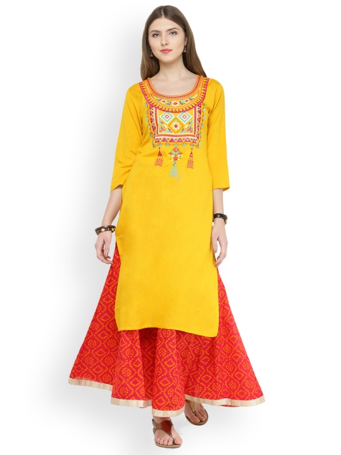 

Varanga Mustard Cotton Blend Embroidery Kurta With Palazzo, Yellow