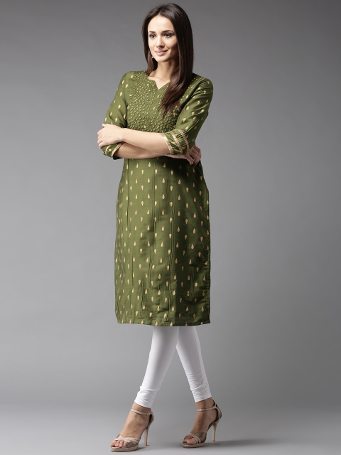 

HERE&NOW Women Green Printed Straight Kurta