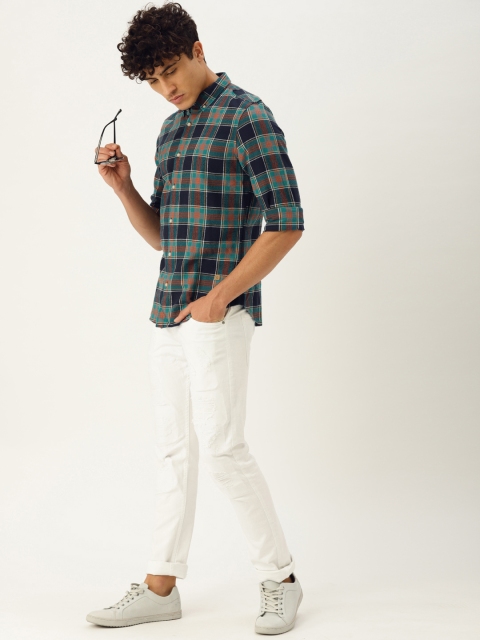 

United Colors of Benetton Men Green & Navy Blue Slim Fit Checked Casual Shirt
