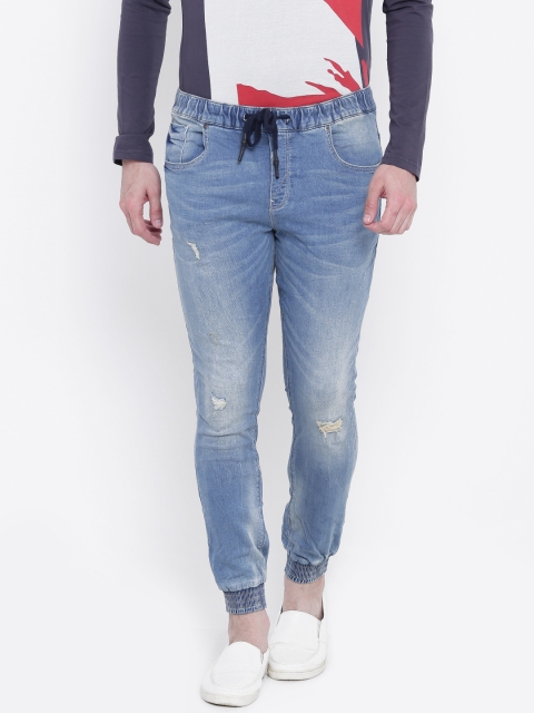 

United Colors of Benetton Men Blue Mid-Rise Low Distress Stretchable Joggers