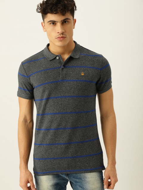 

United Colors of Benetton Men Grey Striped Polo Collar T-shirt
