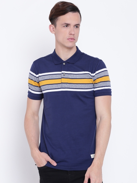 

United Colors of Benetton Men Navy Blue Striped Polo Collar T-shirt