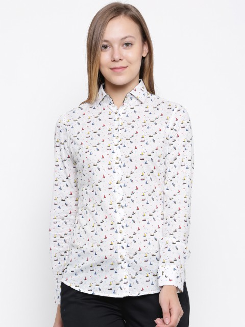 

Park Avenue Woman White & Blue Regular Fit Printed Semiformal Shirt