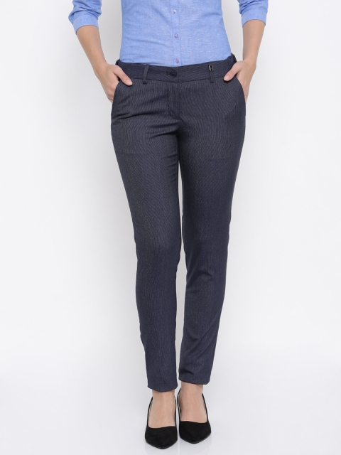 

Park Avenue Woman Navy Tapered Fit Self Design Regular Trousers, Blue