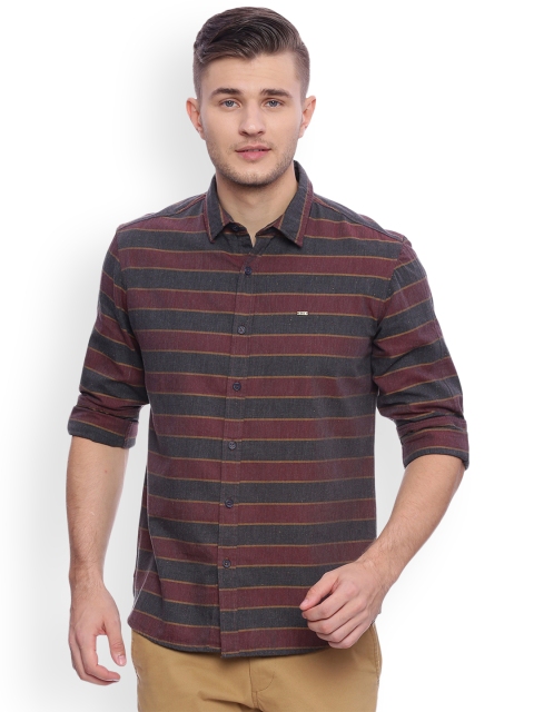 

Basics Men Maroon & Grey Slim Fit Striped Casual Shirt