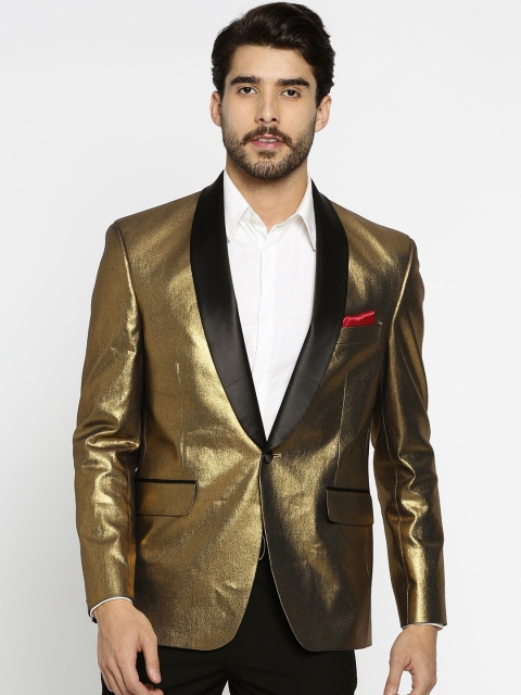 

SUITLTD Gold-Toned Regular Fit Single-Breasted Party Wear Sheen Blazer