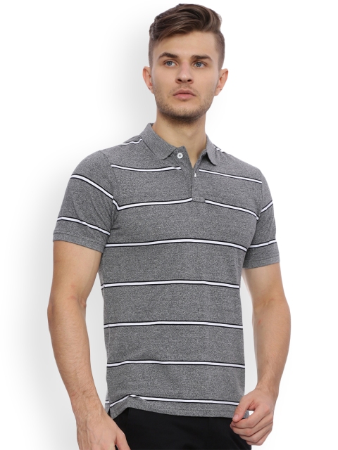 

Basics Men Grey Striped Polo Collar Slim Fit T-shirt