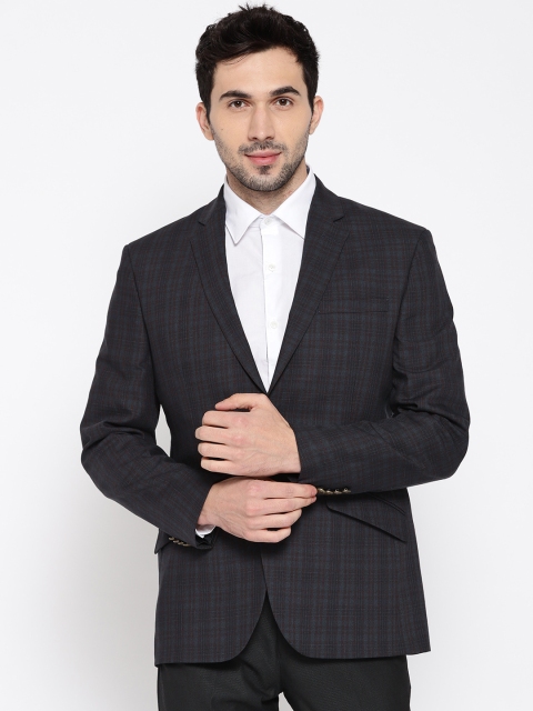 

Park Avenue Men Navy Blue & Coffee Brown Super Slim Fit Checked Formal Blazer