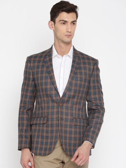 

Park Avenue Brown & Teal Blue Checked Super Slim Fit Single-Breasted Formal Blazer