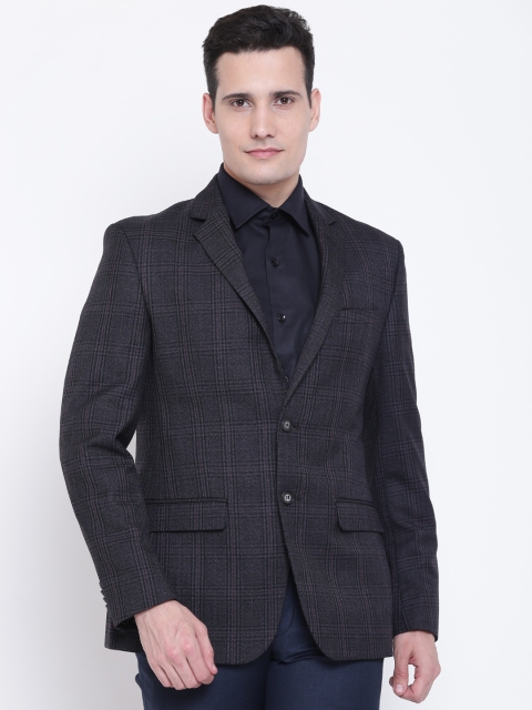 

Park Avenue Charcoal Grey Slim Fit Checked Single-Breasted Formal Blazer