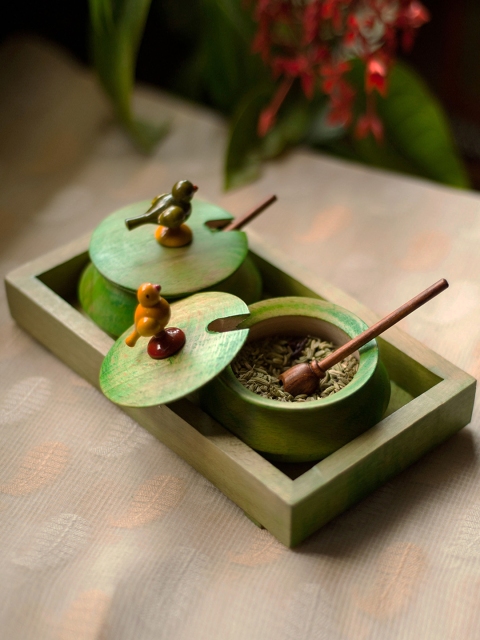 

Wooden Parrot Jar Set With Tray & Spoon In Green