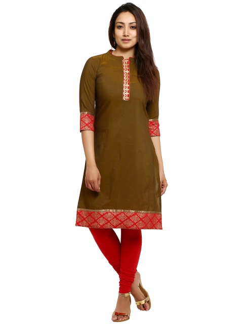 

Aaboli Women Olive Green Solid Straight Kurta