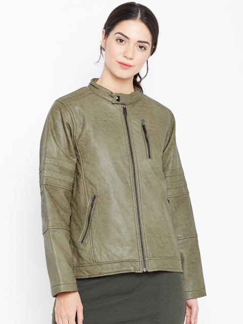 

Duke Women Olive Brown Solid Biker Jacket