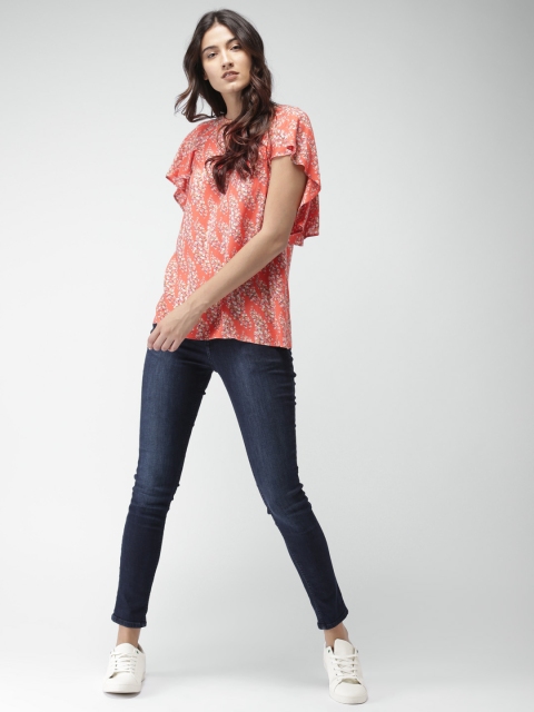 

Mast & Harbour Women Coral Orange Printed Styled Back Top