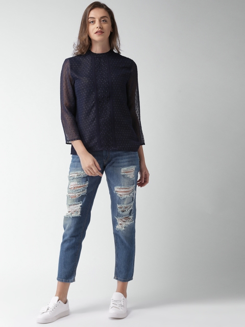 

Mast & Harbour Women Navy Blue Self-Design Top