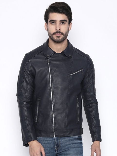 

The Indian Garage Co Men Navy Blue Solid Biker Jacket