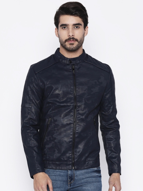 

The Indian Garage Co Men Navy Blue Self-Design Biker Jacket