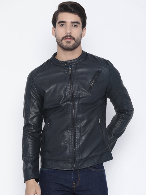 

The Indian Garage Co Men Navy Blue Solid Biker Jacket