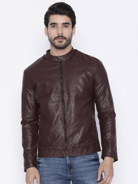 

The Indian Garage Co Men Burgundy Solid Slim Fit Biker Jacket