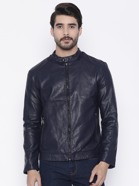 

The Indian Garage Co Men Navy Blue Solid Biker Jacket