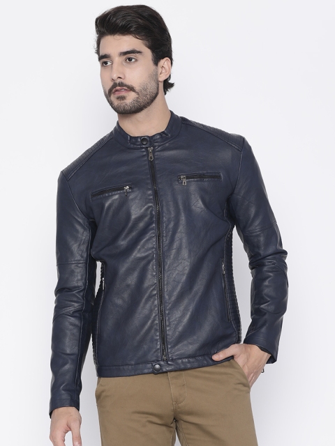 

The Indian Garage Co Men Navy Blue Slim Fit Solid Biker Jacket