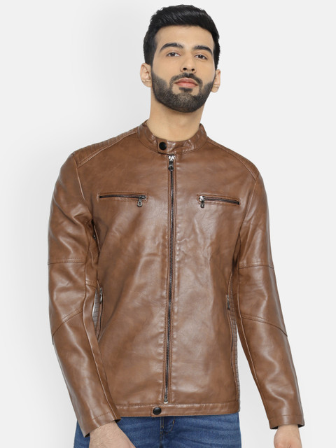 

The Indian Garage Co Men Tan Brown Slim Fit Solid Biker Jacket