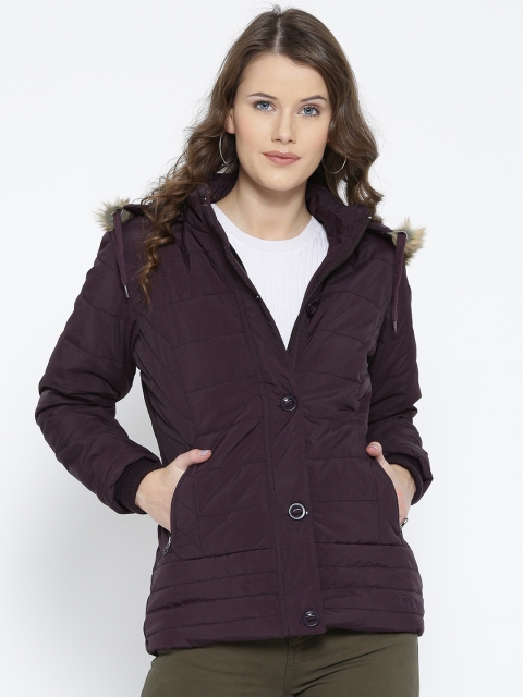 

Fort Collins Women Aubergine Solid Parka Jacket with Detachable Hood, Purple