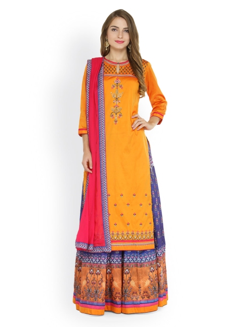 

Kvsfab Orange & Blue Taffeta Silk Blend Embroidered & Printed Semi-Stitched Dress Material