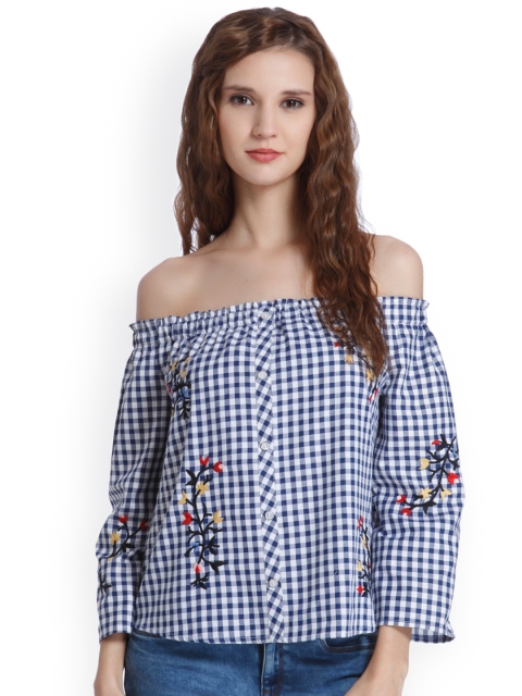 

ONLY Women White Checked Bardot Top