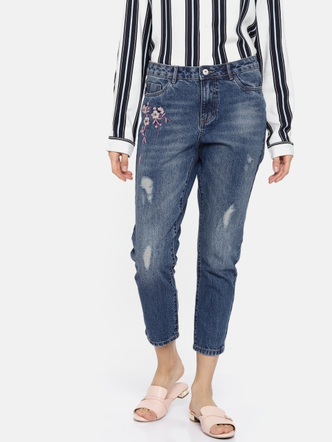 

ONLY Women Blue Boyfriend Fit Mid-Rise Ripped Jeans