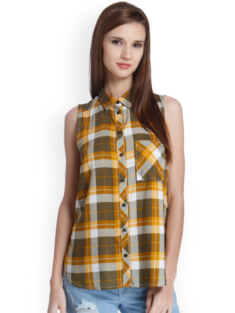 

ONLY Women Mustard & Green Regular Fit Checked Casual Shirt