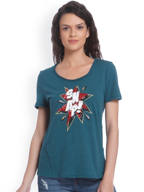 

ONLY Women Teal Blue Printed Scoop Neck T-shirt
