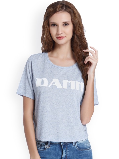 

ONLY Women Blue Printed Round Neck T-Shirt