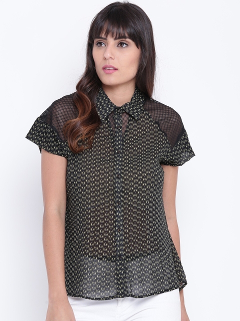 

OPt Women Black & Mustard Yellow Sheer Printed Casual Shirt