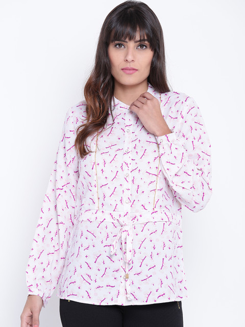 

OPt Women Off-White & Pink Printed Shirt Style Top