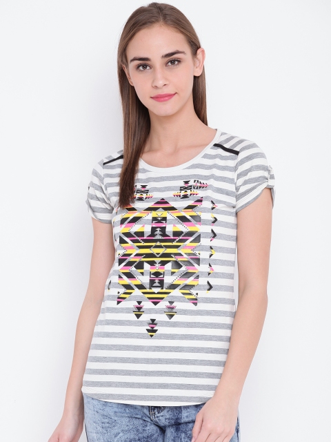 

OPt Women Off-White & Grey Melange Striped Top