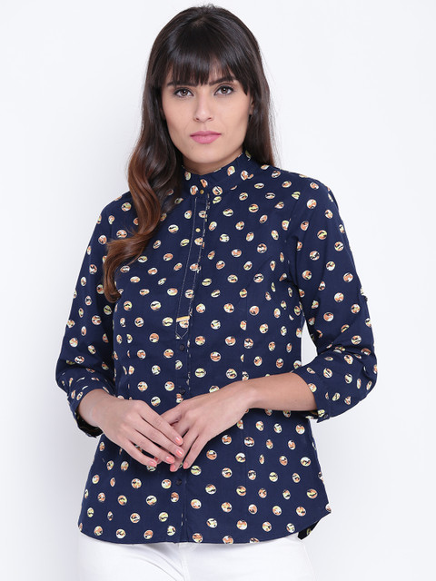 

OPt Women Navy Blue & Yellow Printed Casual Shirt
